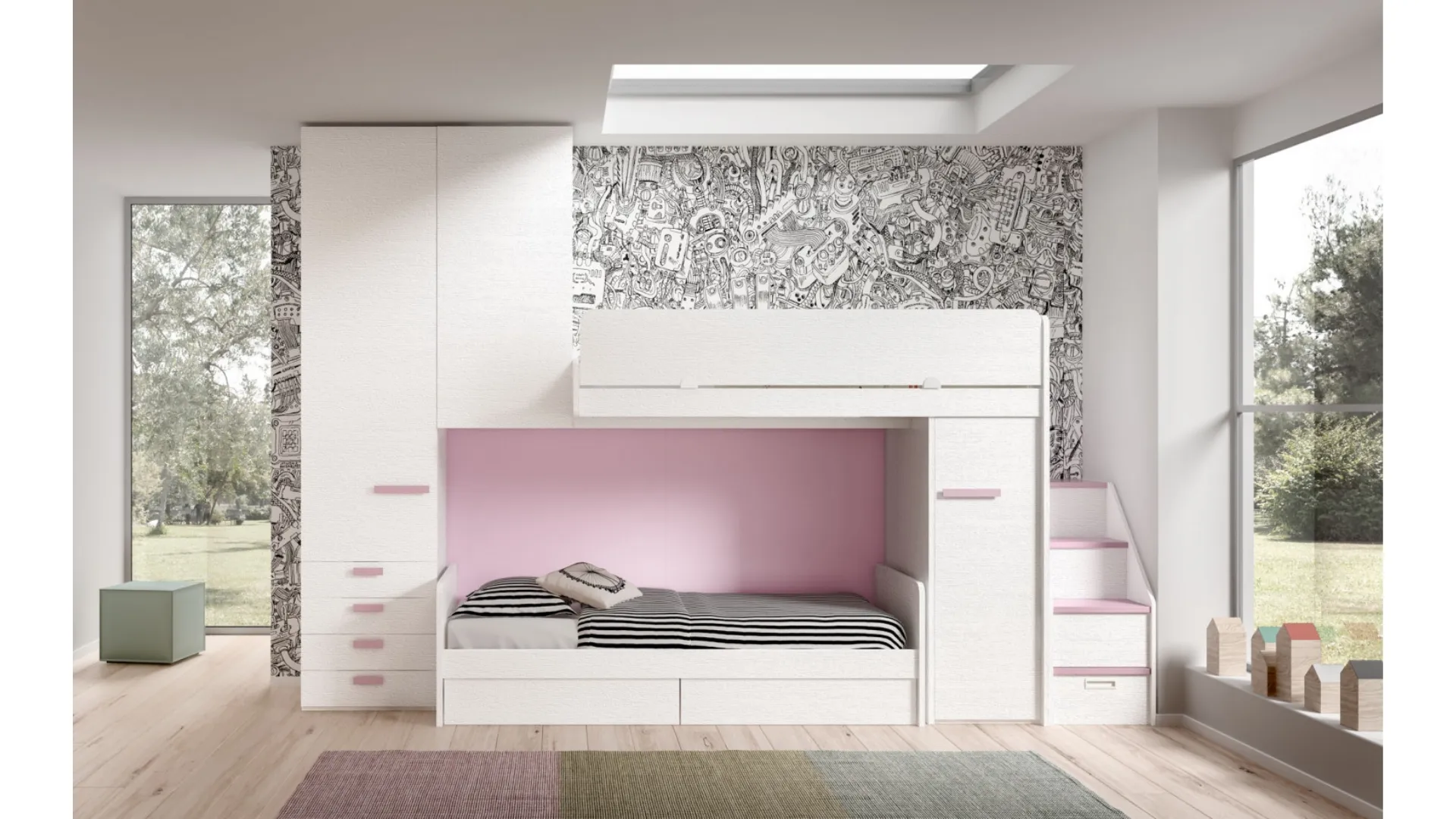 Camera finitura Bianco e Rosa con soppalco Room 171 di Zg Mobili
