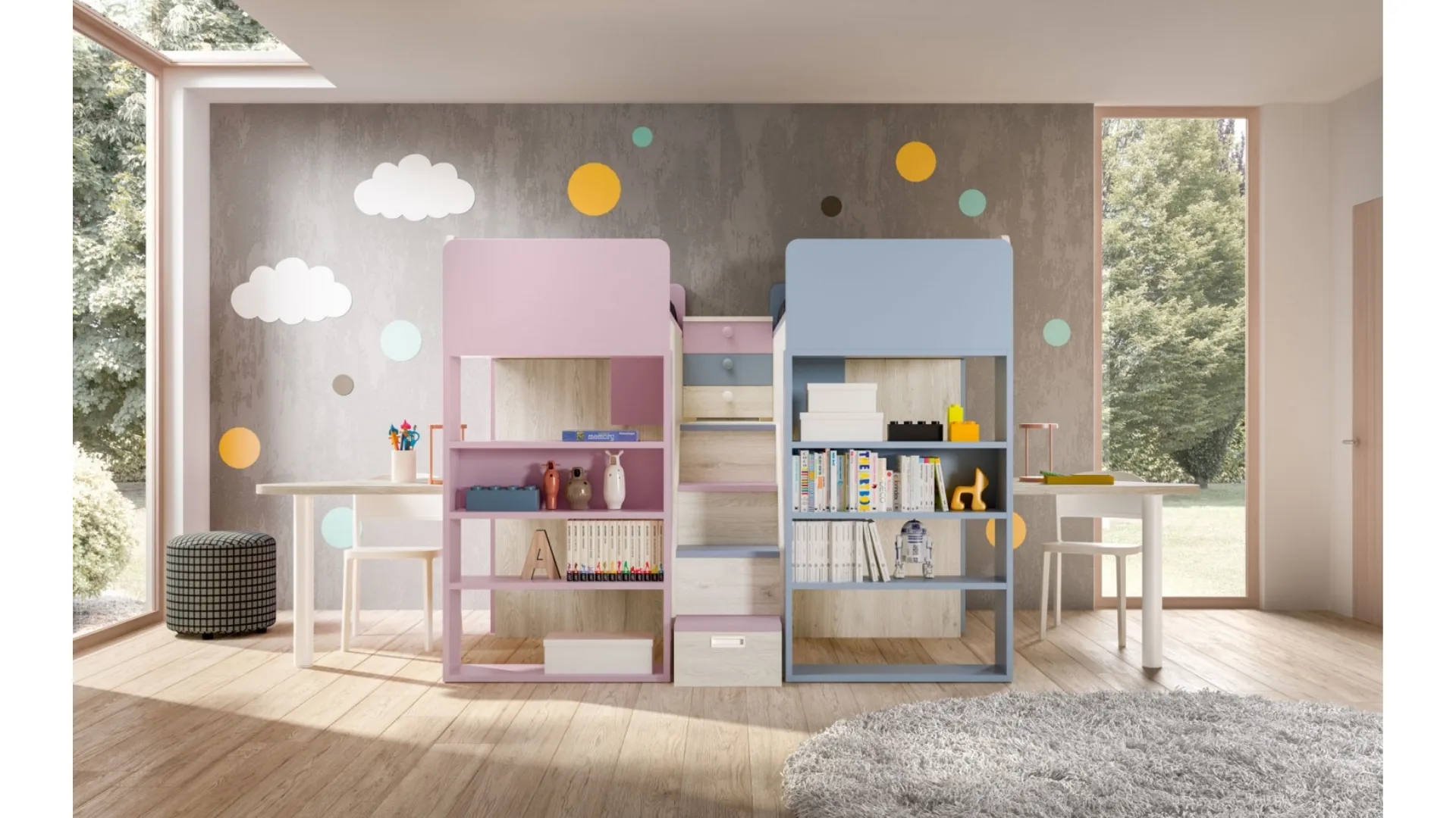 Camera con doppio soppalco con scrivanie Room 165 di Zg Mobili