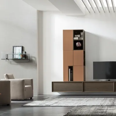 Parete Attrezzata sospesa Seta Unix SU2118 in Rovere Moka, laccato opaco Cotto e Vetro trasparente di Maronese Acf