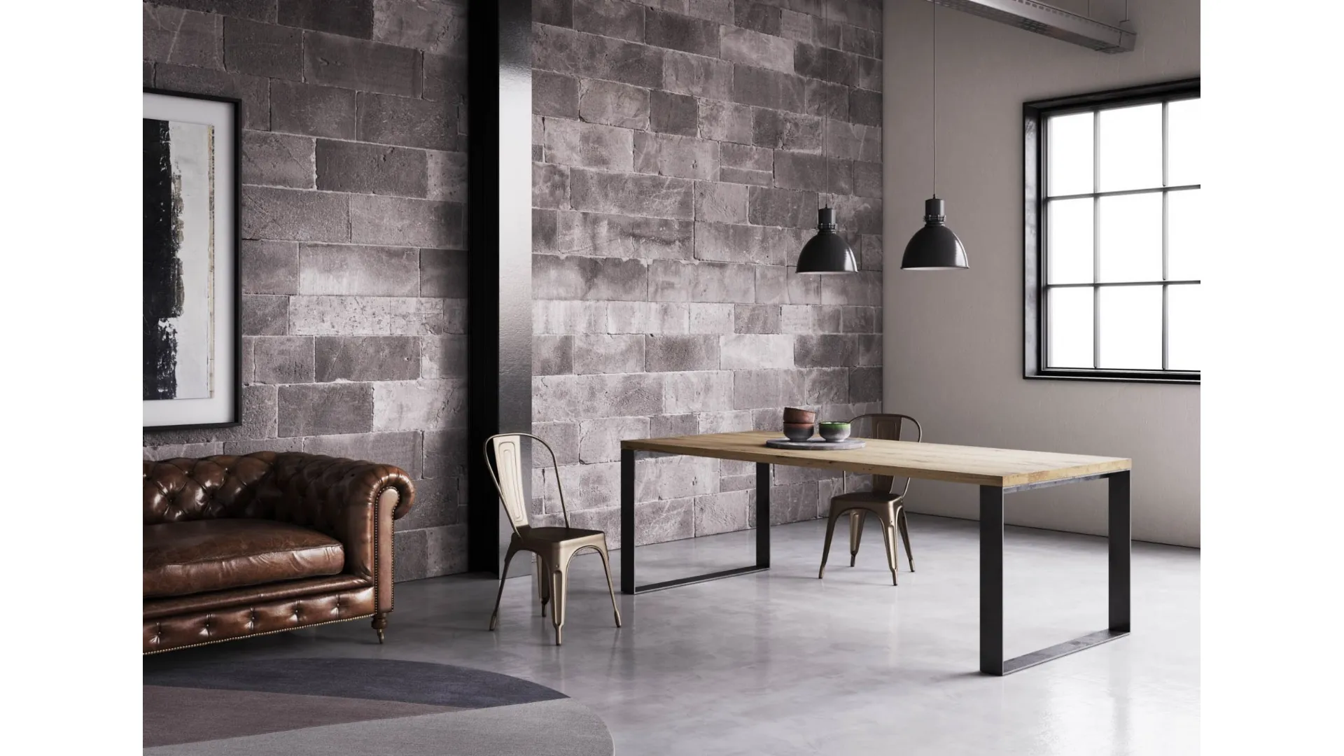 Tavolo in legno impiallacciato Rovere con gambe in metallo finitura ferro Squared-T di Pizzolato