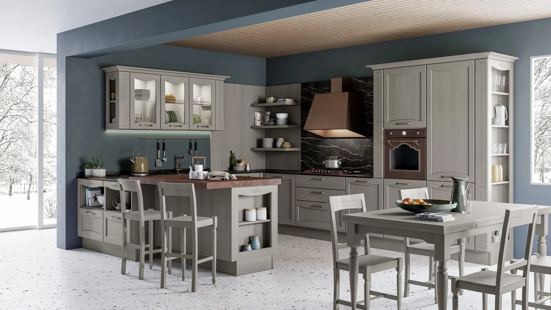 Cucina Classica angolare con penisola Aurea 03 in Frassino laccato Grigio Reale di Creo