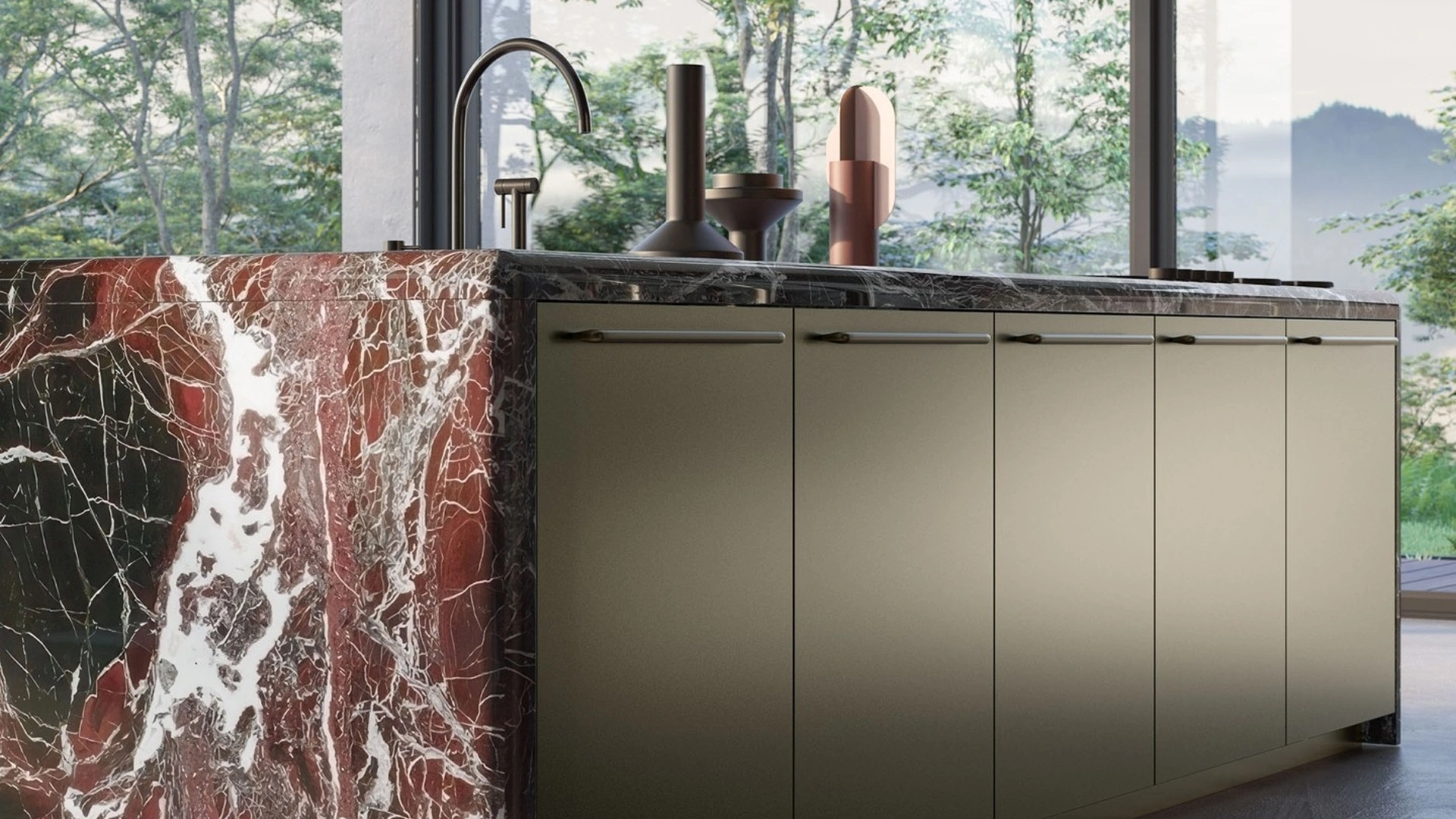 Cucina Design Antis Project 1 in laccato metallizzato Bronzo e marmo Rosso Lepanto lucido di Euromobil