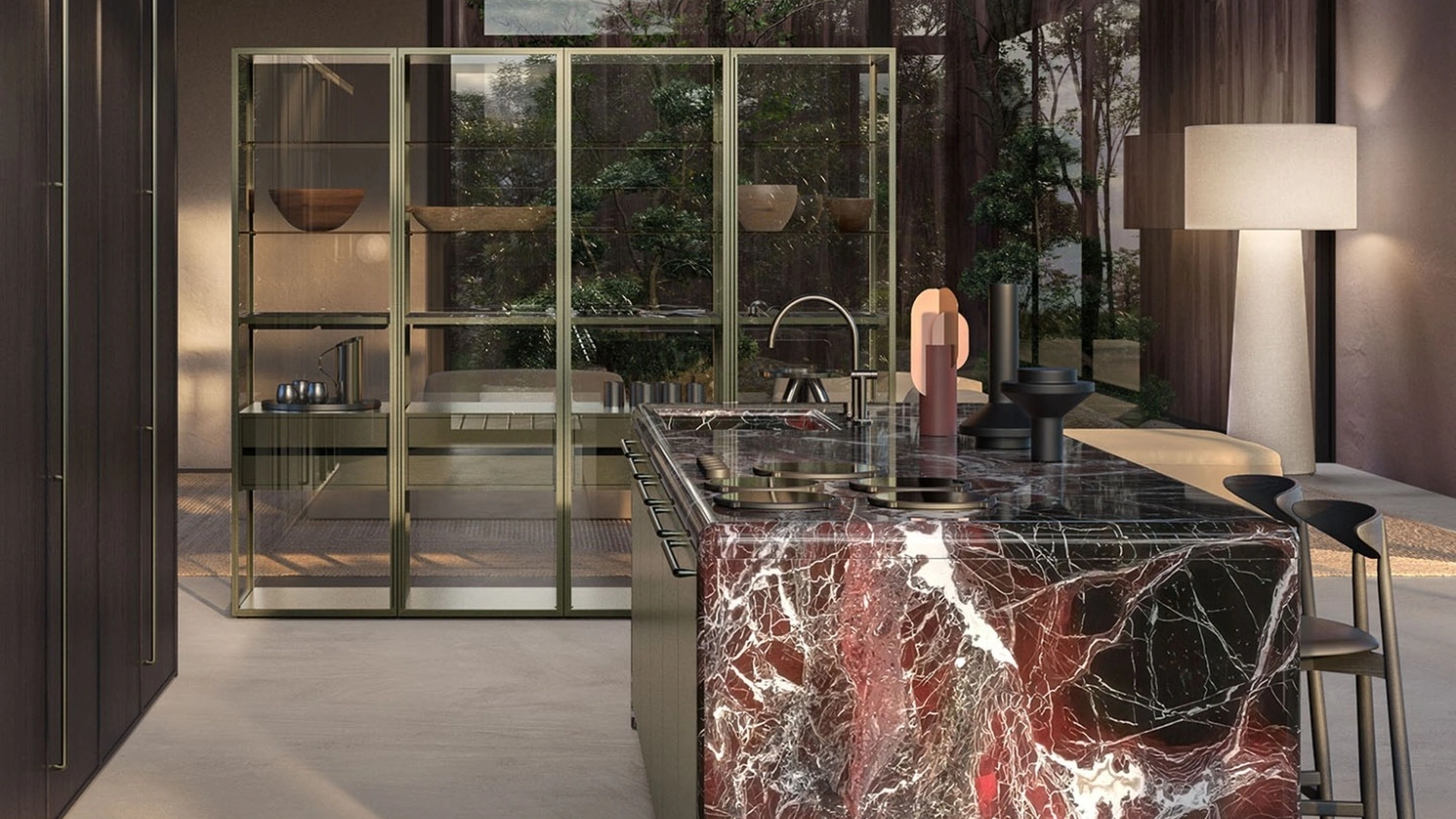Cucina Design Antis Project 1 in laccato metallizzato Bronzo e marmo Rosso Lepanto lucido di Euromobil