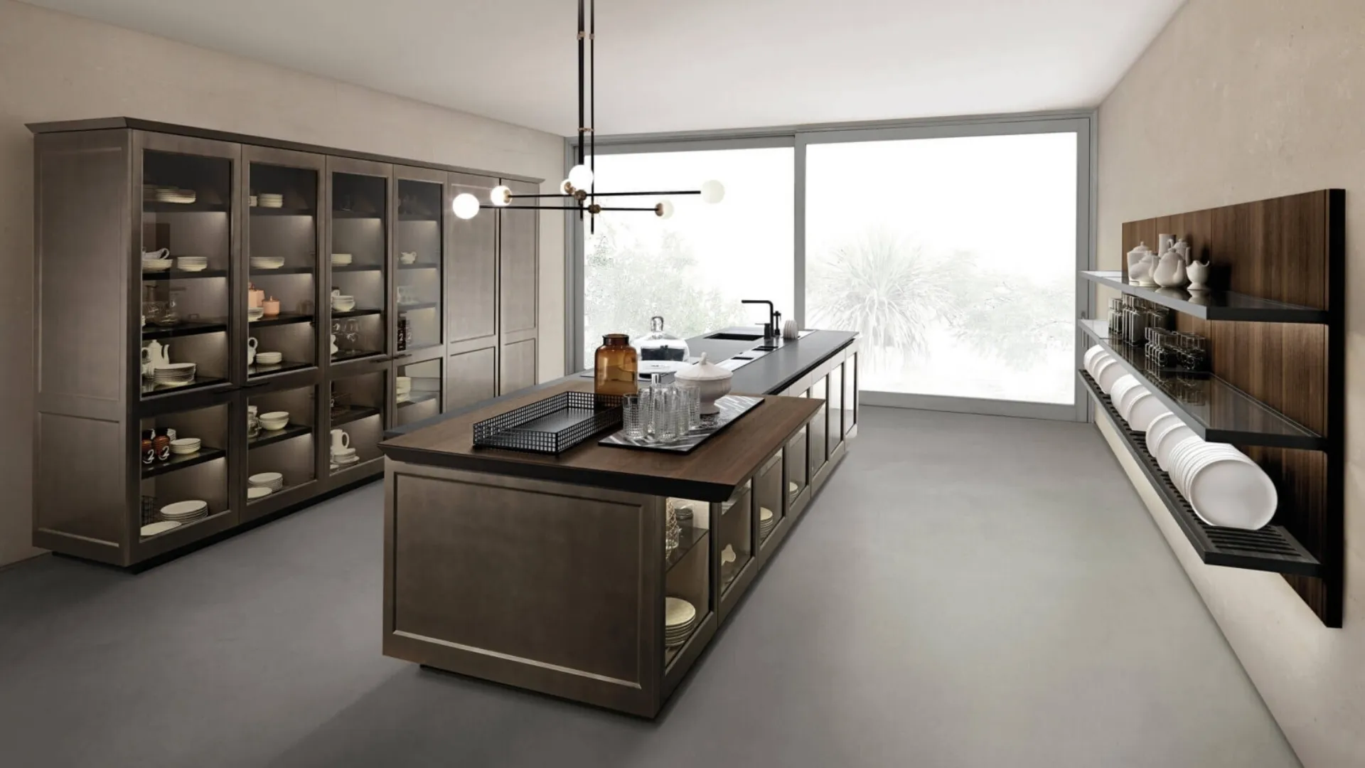 Cucina Design Filò Project 2 con isola in laccato opaco ossidato e vetro di Euromobil