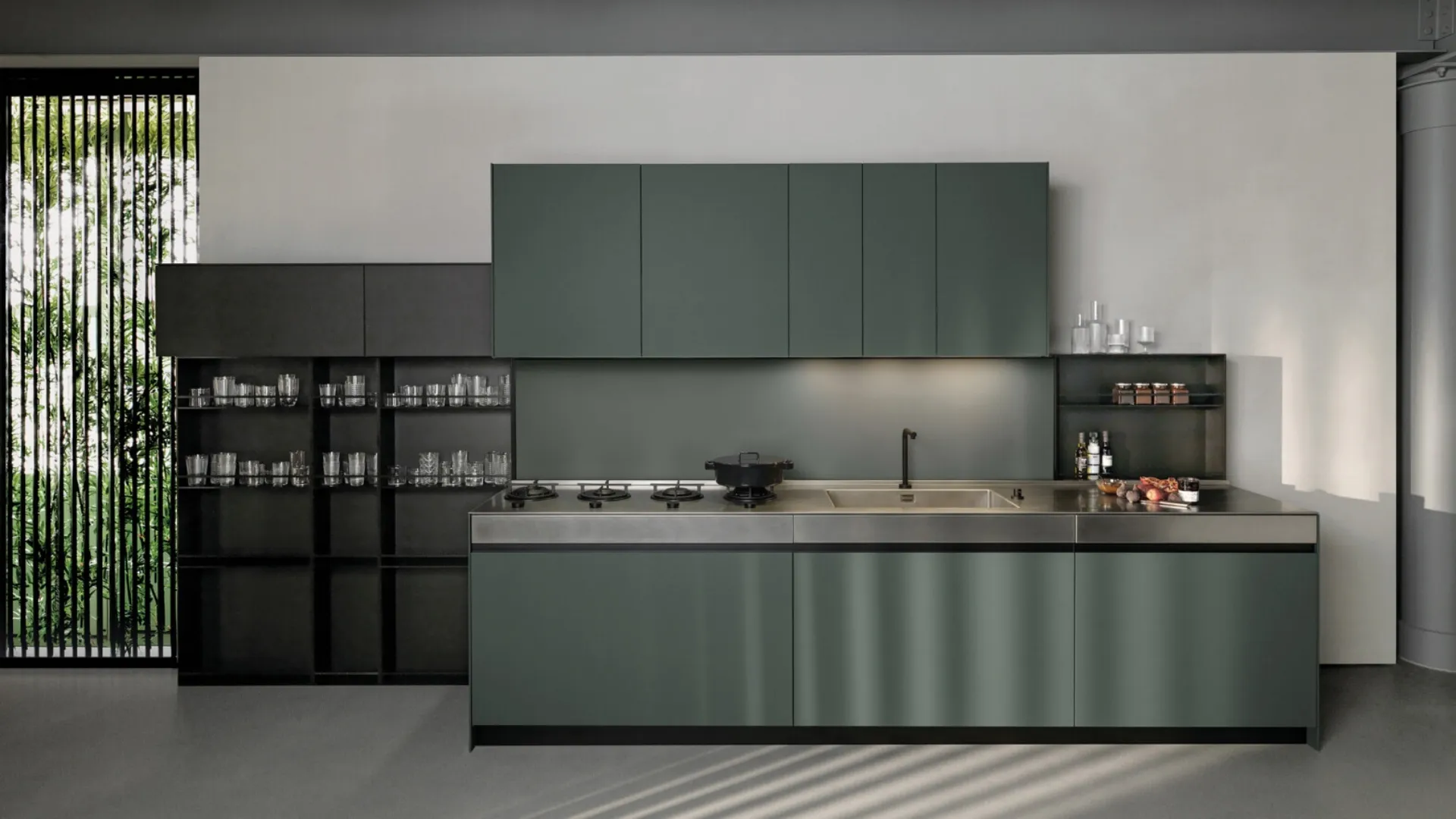 Cucina Design lineare Sei Project 2 in laminato Fenix e top in acciaio invecchiato di Euromobil