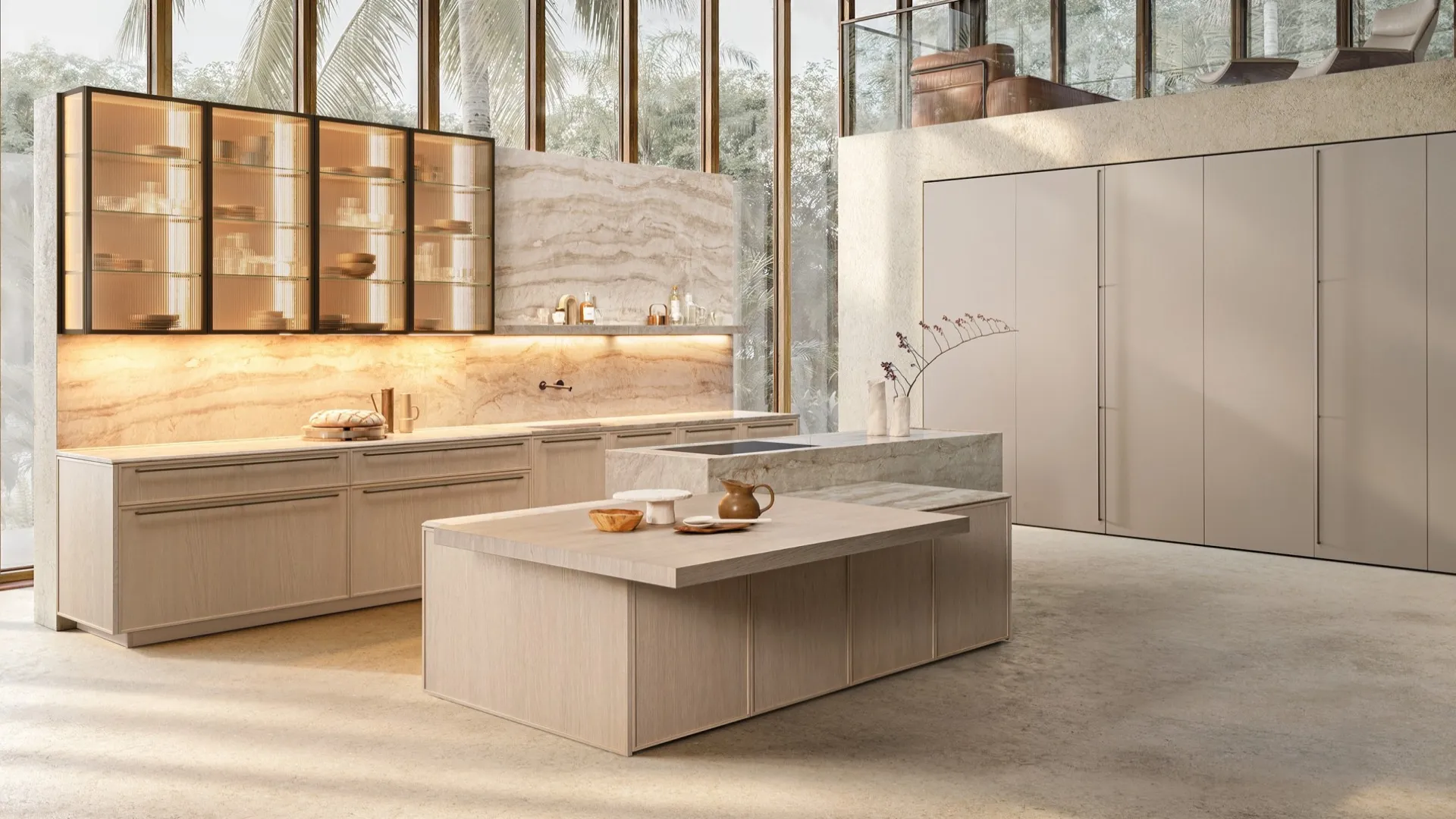 Cucina Design con isola Margo in rovere, pietra e laccato di Euromobil