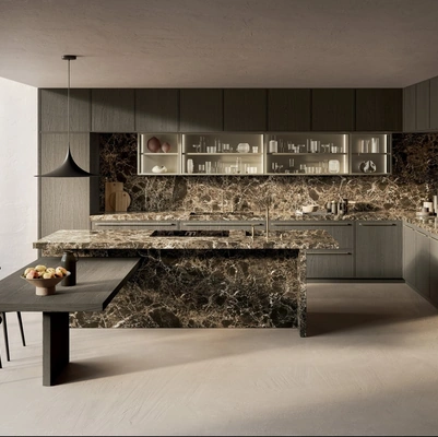 Cucina Design Margo Project 3 in Rovere sabbiato Piombo e marmo Emperador lucido di Euromobil