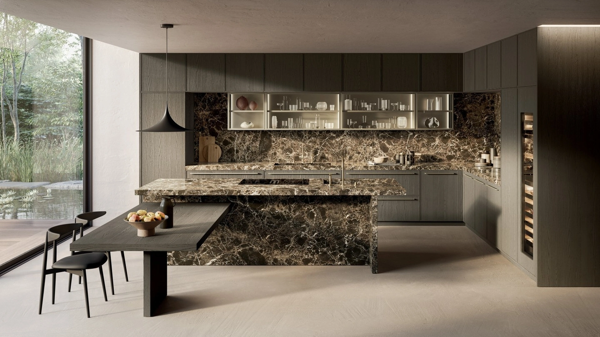 Cucina Design Margo Project 3 in Rovere sabbiato Piombo e marmo Emperador lucido di Euromobil