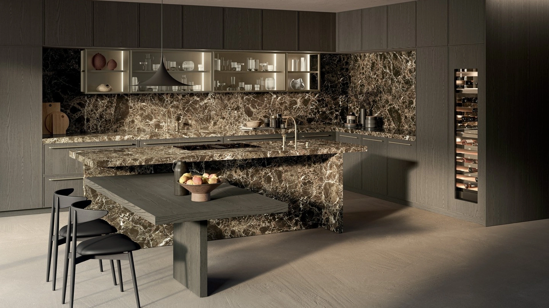 Cucina Design Margo Project 3 in Rovere sabbiato Piombo e marmo Emperador lucido di Euromobil