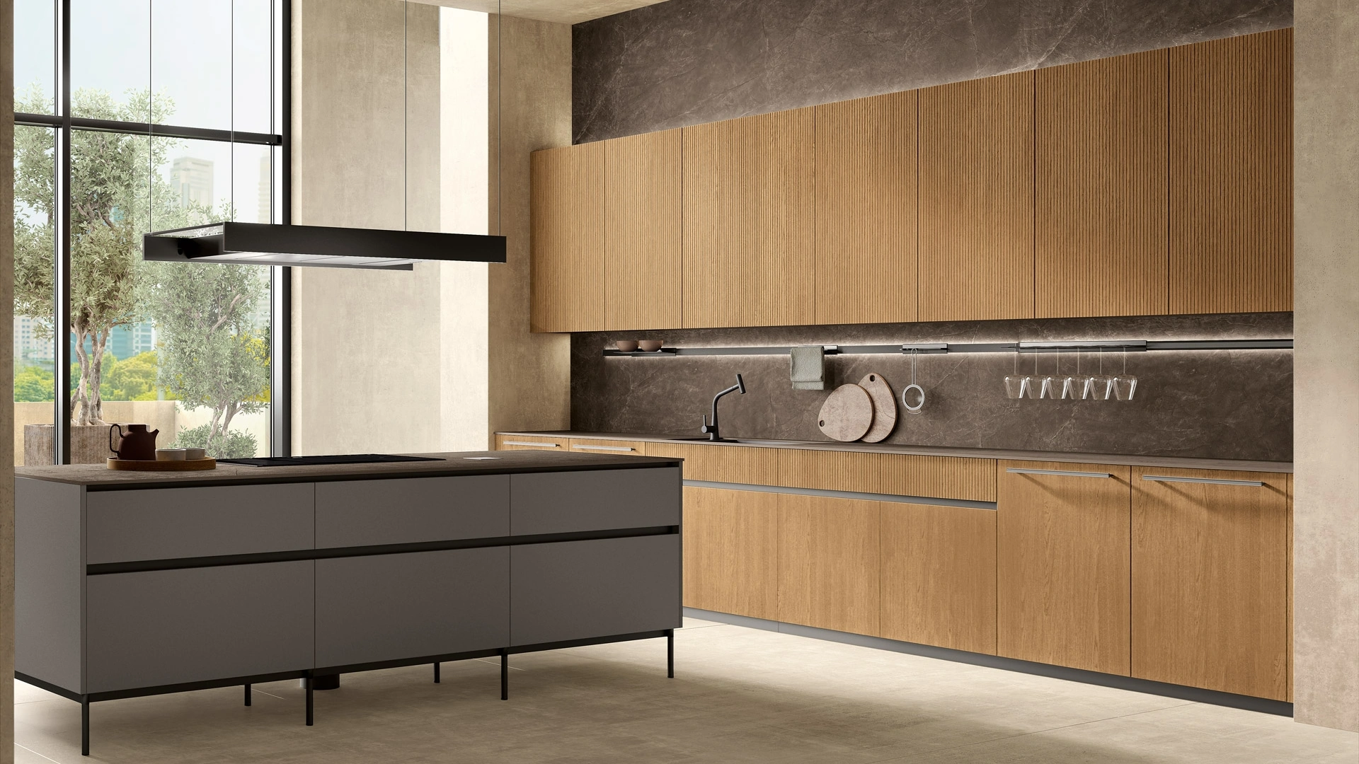 Cucina Moderna con isola Bera 09 in rovere e laccato di Lube