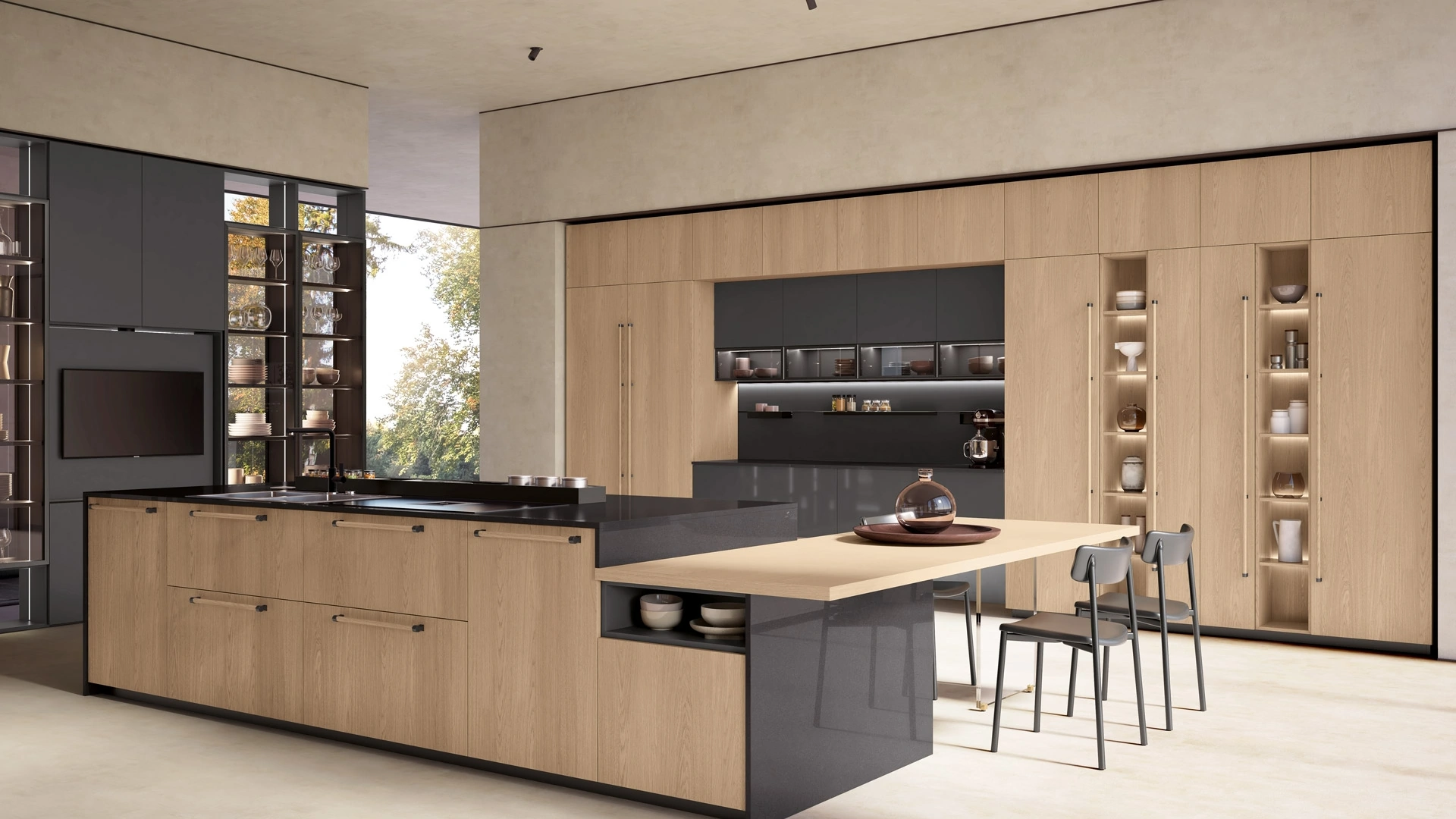 Cucina Moderna con isola Brera 05 in Rovere e laccato lucido di Lube