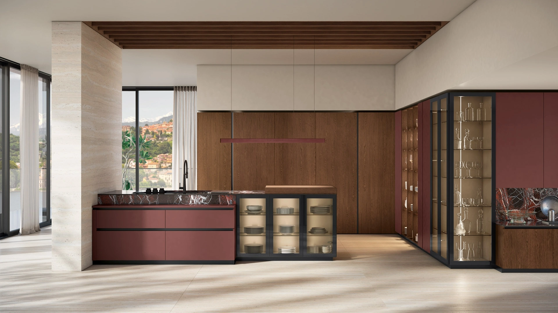 Cucina Moderna con penisola Brera 06 in laccato e rovere di Lube