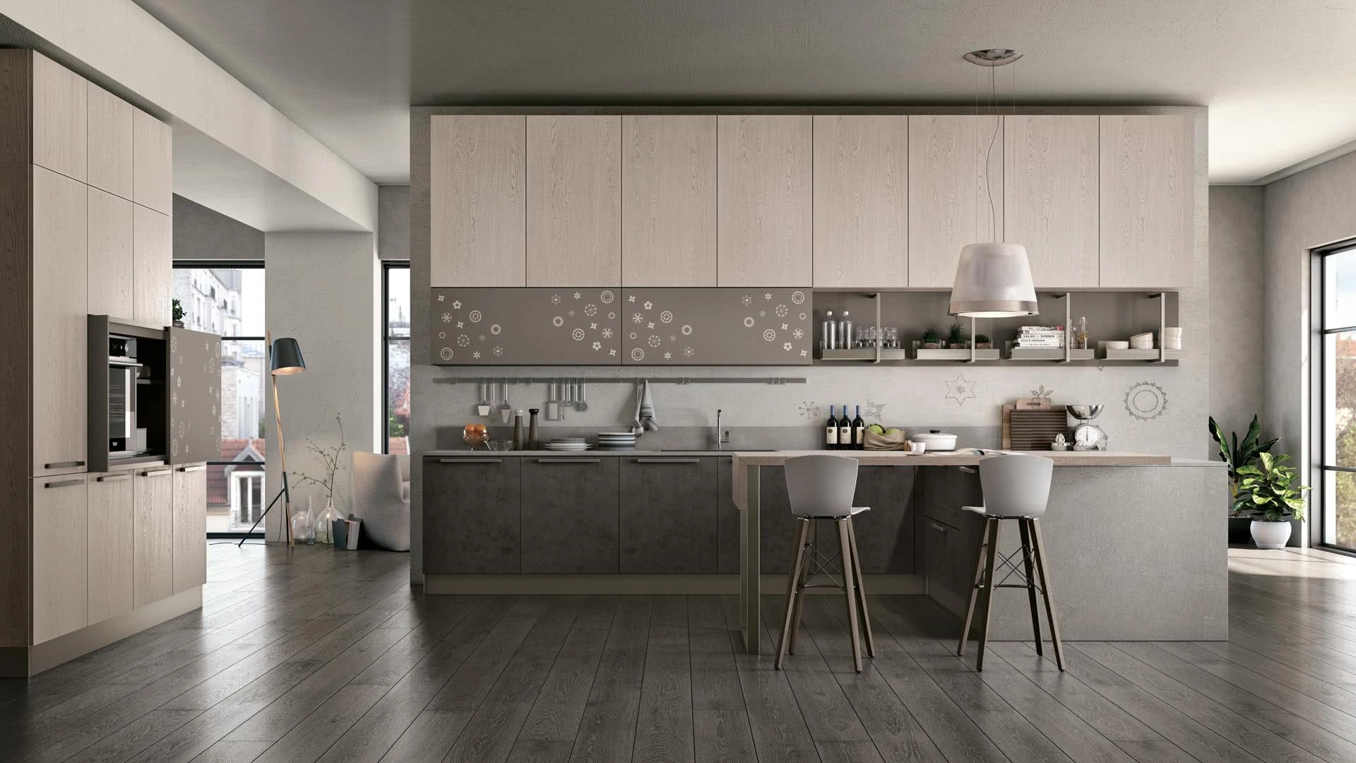 Cucina moderna con penisola in Rovere e laccato Clover 11 di Lube