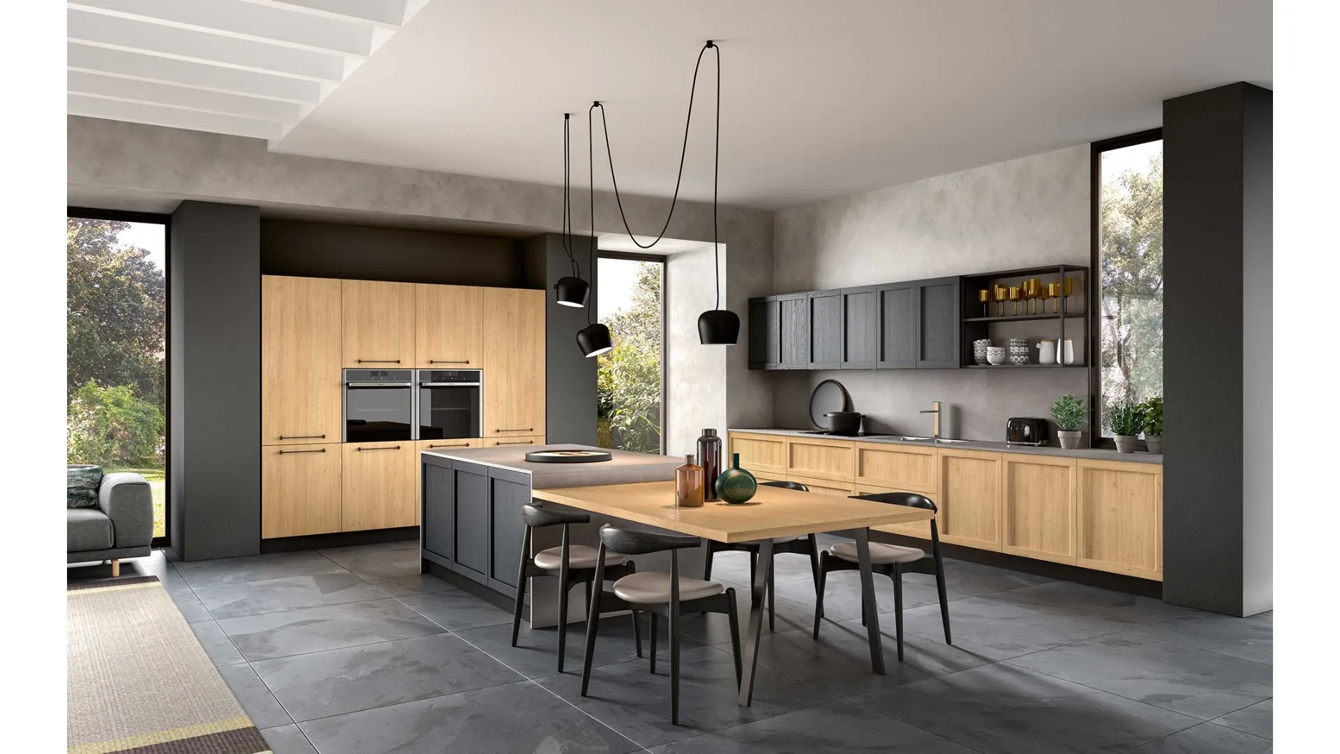 Cucina Moderna con isola Class 02 in legno finitura Rovere nodato e laccato Fumo di GM Cucine