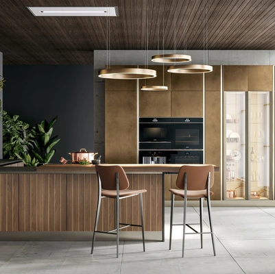 Cucina Moderna in noce e metallo liquido ossidato ottone con penisola Clover Design 04 di Lube