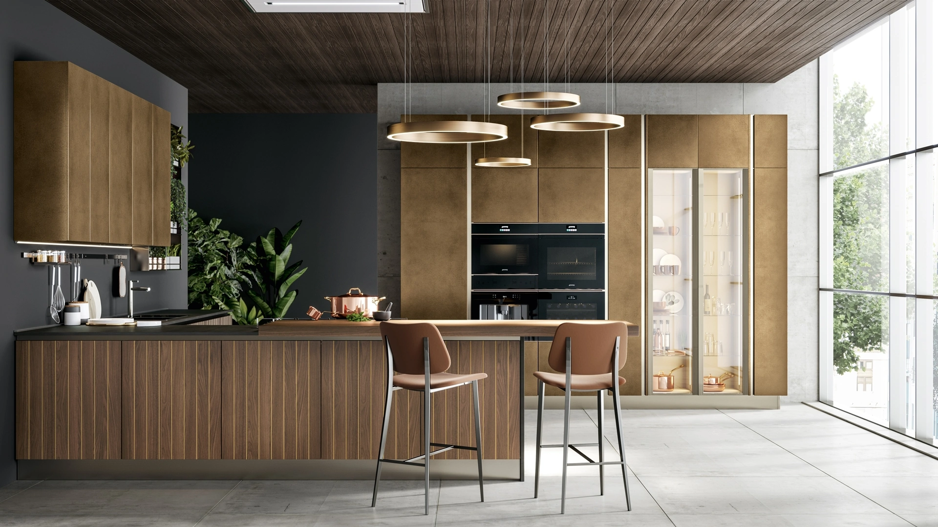 Cucina Moderna in noce e metallo liquido ossidato ottone con penisola Clover Design 04 di Lube