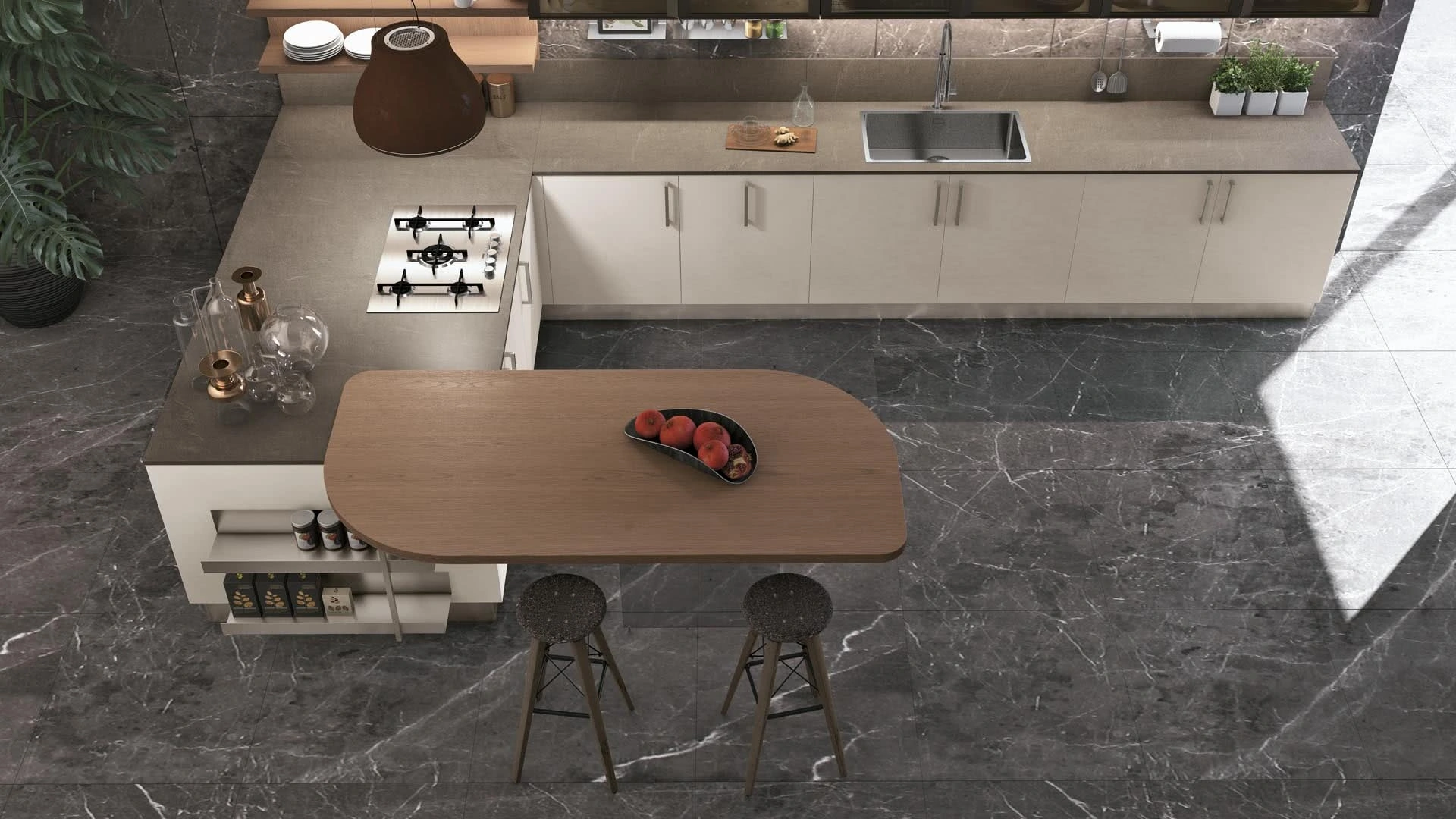 Cucina Moderna con penisola in laccato opaco e Rovere Clover 10 di Lube