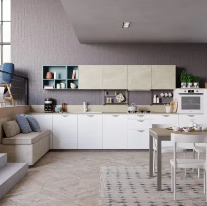Cucina Moderna Tablet Wood lineare in Rovere Bianco e melaminico effetto marmo di Creo
