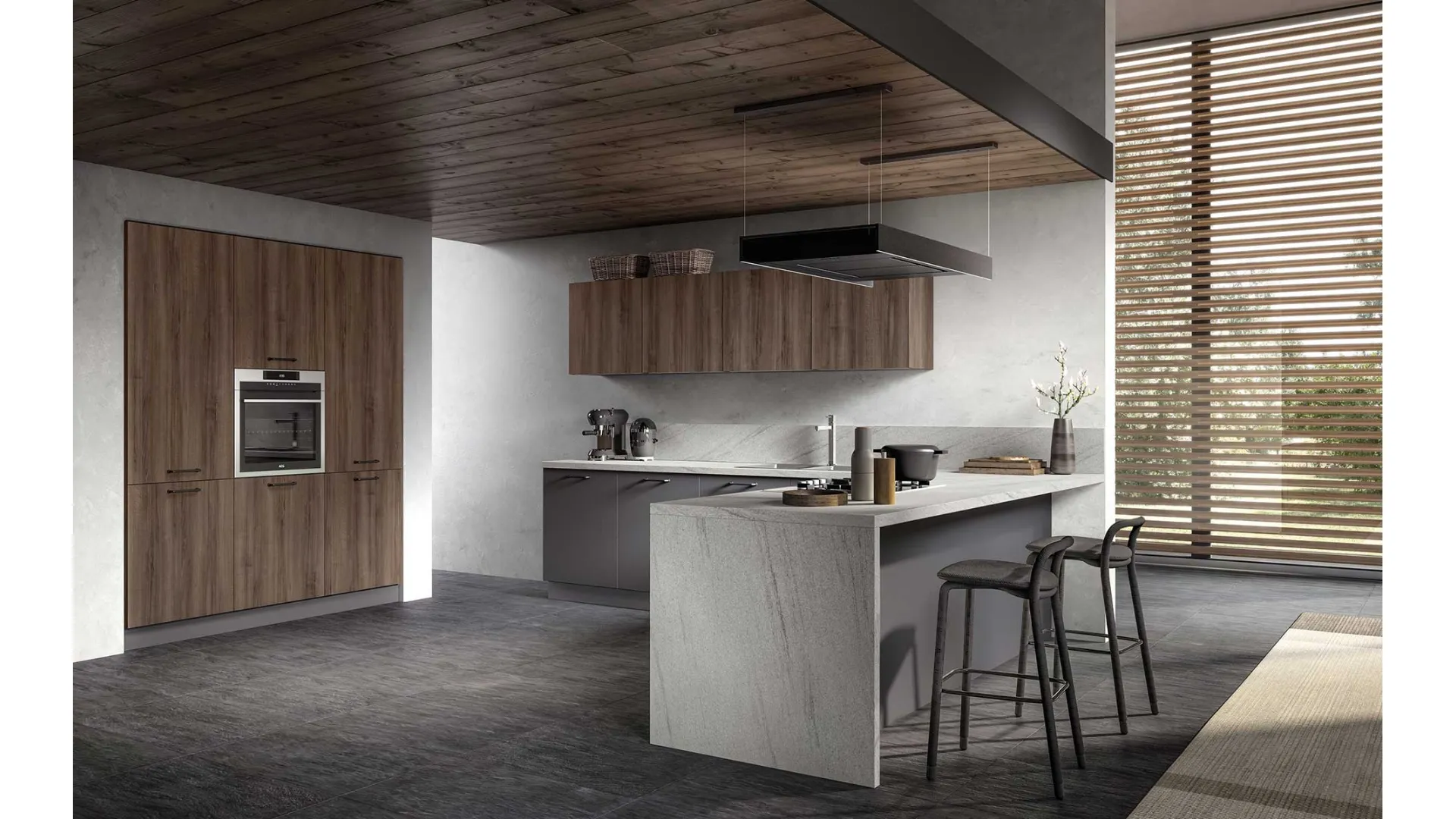 Cucina Moderna con penisola Joy 03 in melaminico Grafite e Rovere cotto di GM Cucine