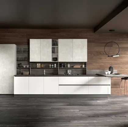 Cucina Moderna con penisola Joy 05 in melaminico ghiaccio e  graphic di GM Cucine