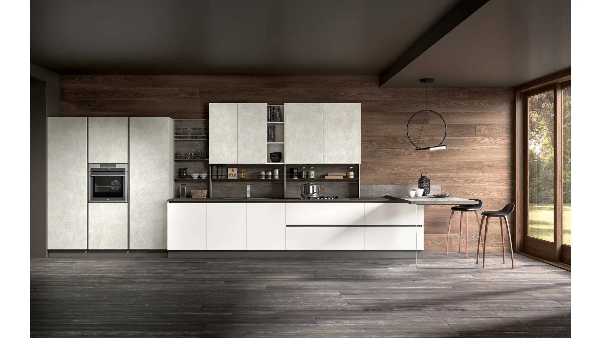 Cucina Moderna con penisola Joy 05 in melaminico ghiaccio e  graphic di GM Cucine