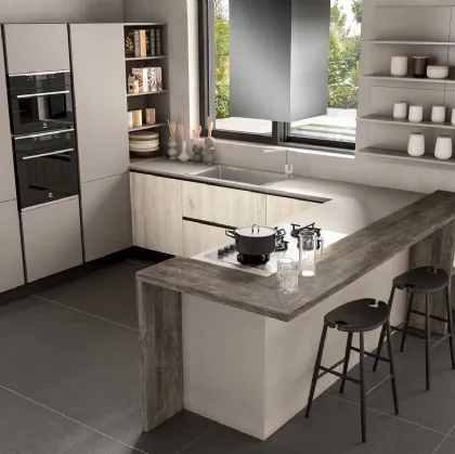 Cucina Moderna con penisola Joy 06 in melaminico Argilla e Rovere chiaro di GM Cucine
