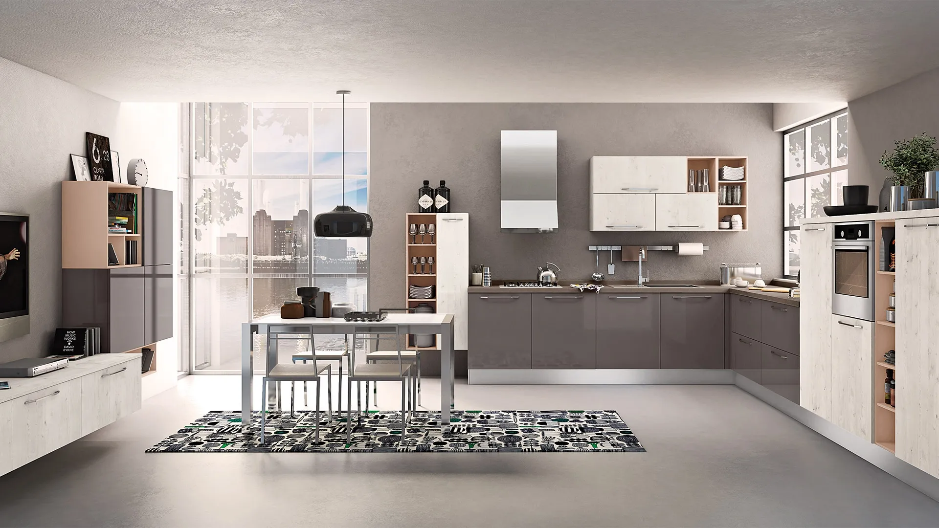 Cucina Moderna angolare Kyra 03 in laccato lucido Fango e melaminico Abete Nordico Bianco di Creo