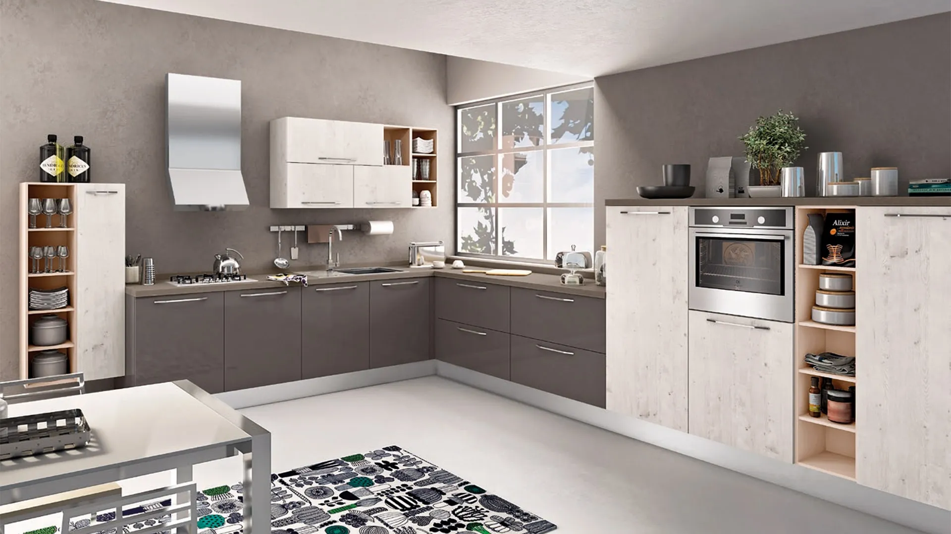 Cucina Moderna angolare Kyra 03 in laccato lucido Fango e melaminico Abete Nordico Bianco di Creo