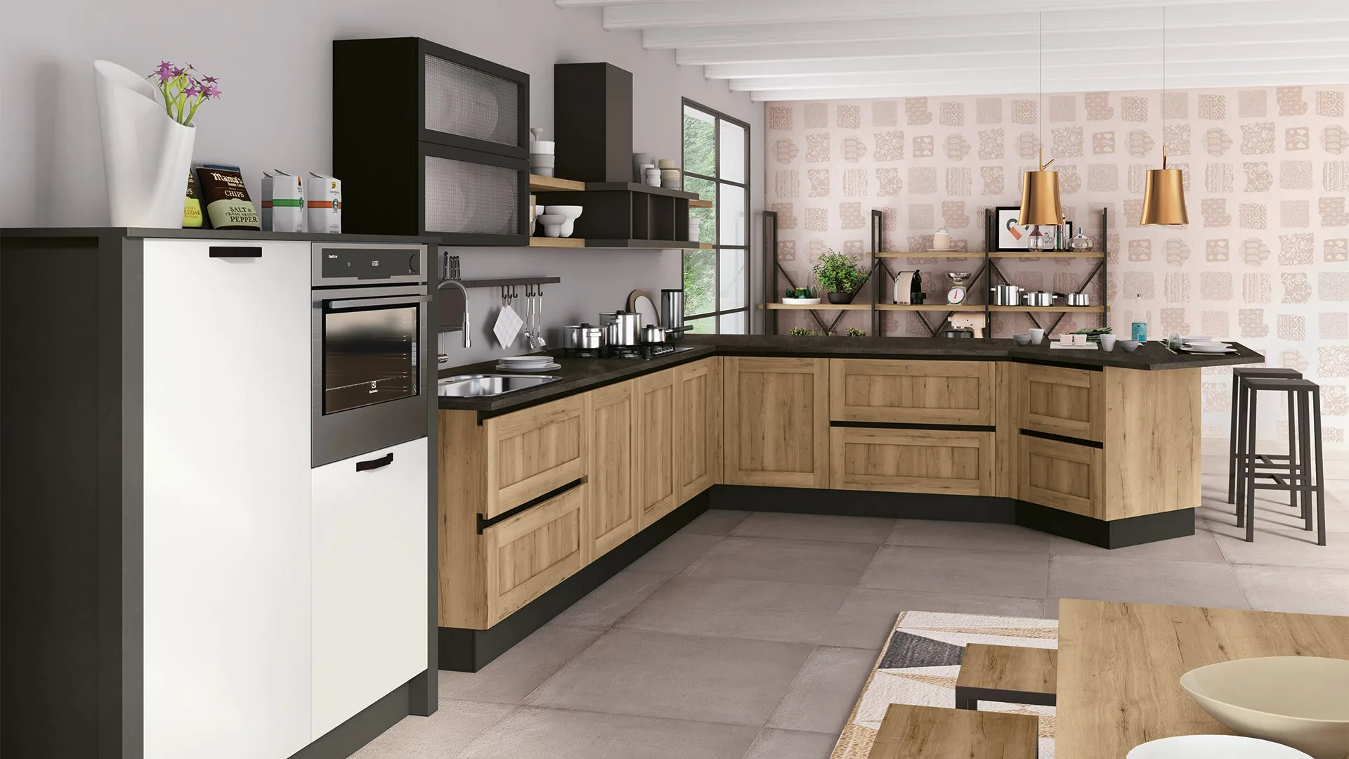Cucina Moderna con penisola Kyra Telaio 03 finitura Rovere vintage di Creo