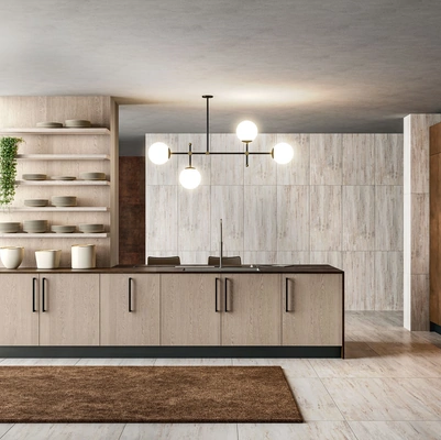 Cucina Moderna in rovere e metallo liquido ossidato rame con penisola Clover Design 05 di Lube