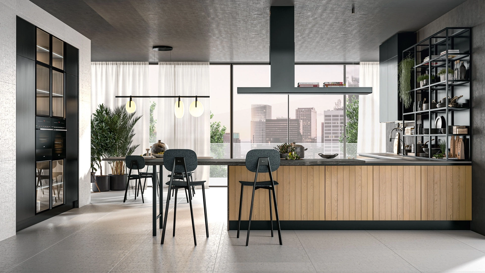 Cucina Moderna con penisola Clover Design 06 in rovere e laccato effetto metallo di Lube