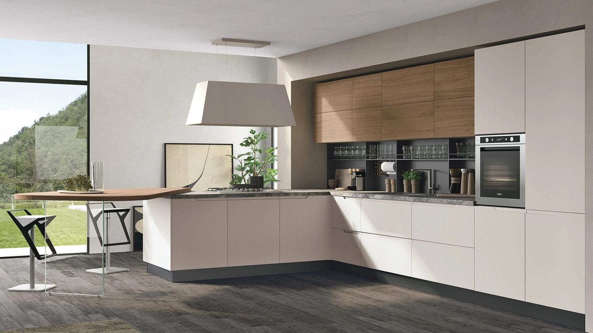 Cucina Moderna con penisola Luna 01 in laccato e Noce canaletto di Lube