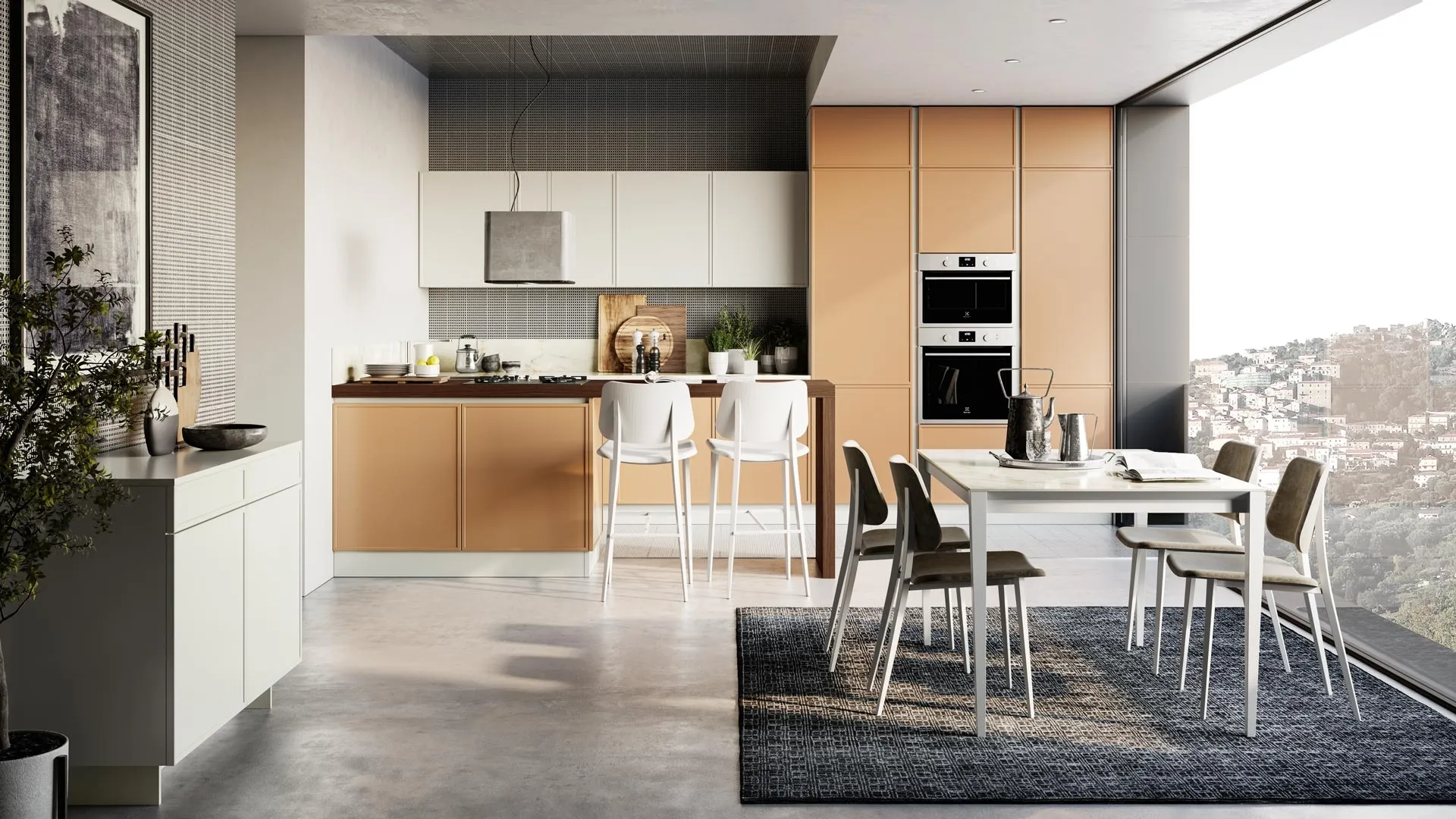 Cucina Moderna Rewind in laccato Cannella con penisola di Creo