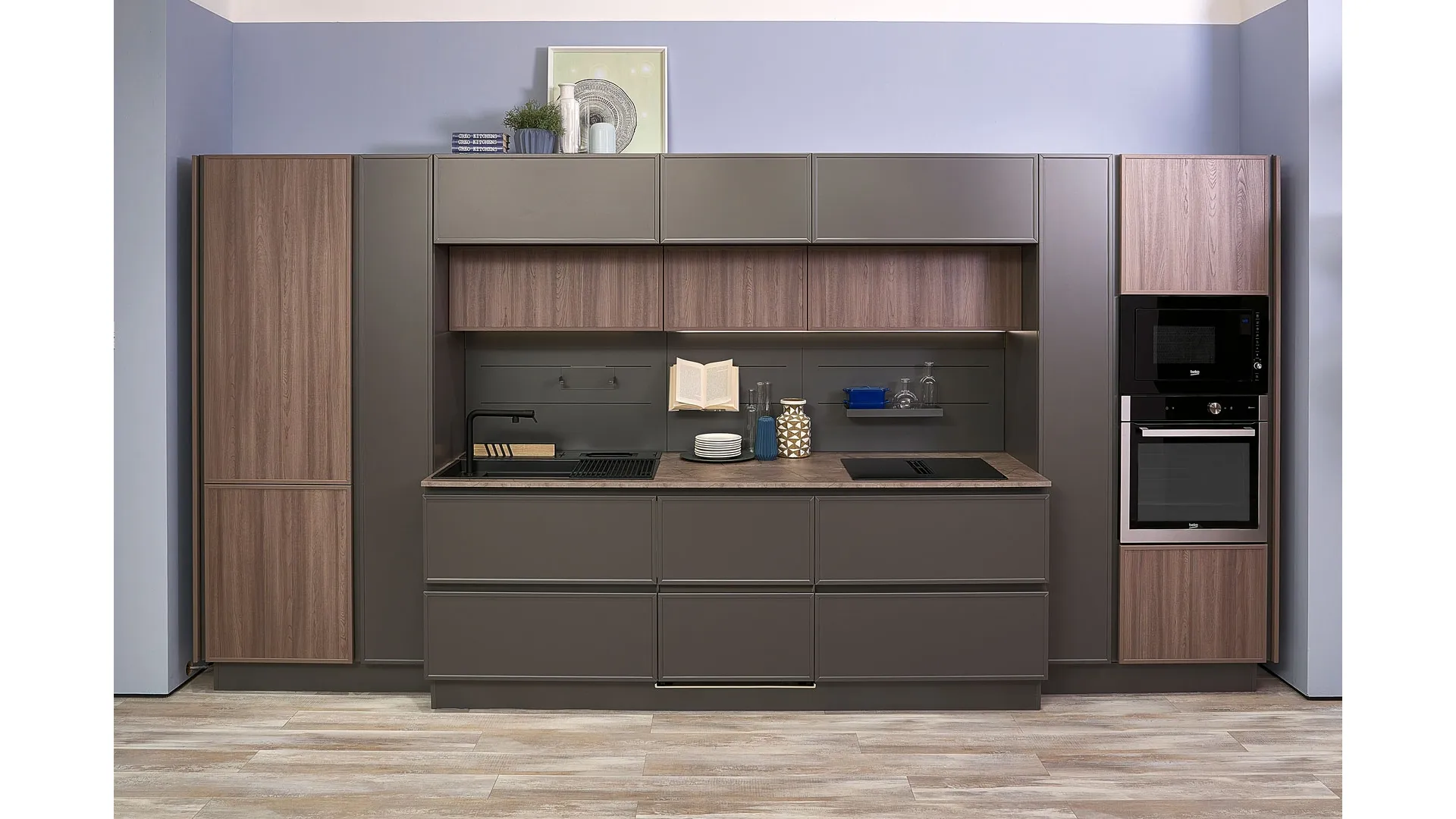 Cucina Moderna Rewind lineare Frassino Creta e laccato opaco Carruba di Creo
