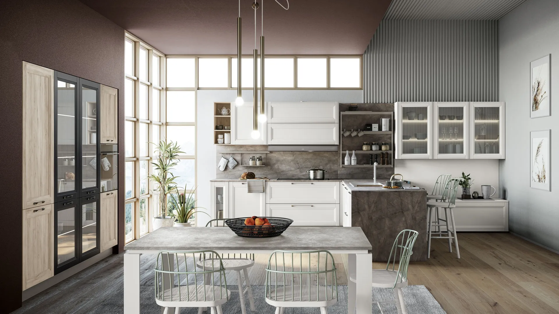Cucina Moderna Smart con penisola finitura Gesso Supermatt di Creo