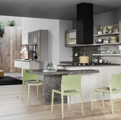 Cucina Moderna Smart finitura Frassino Bianco Alpino con penisola in laminato Marmo nuvolato di Creo
