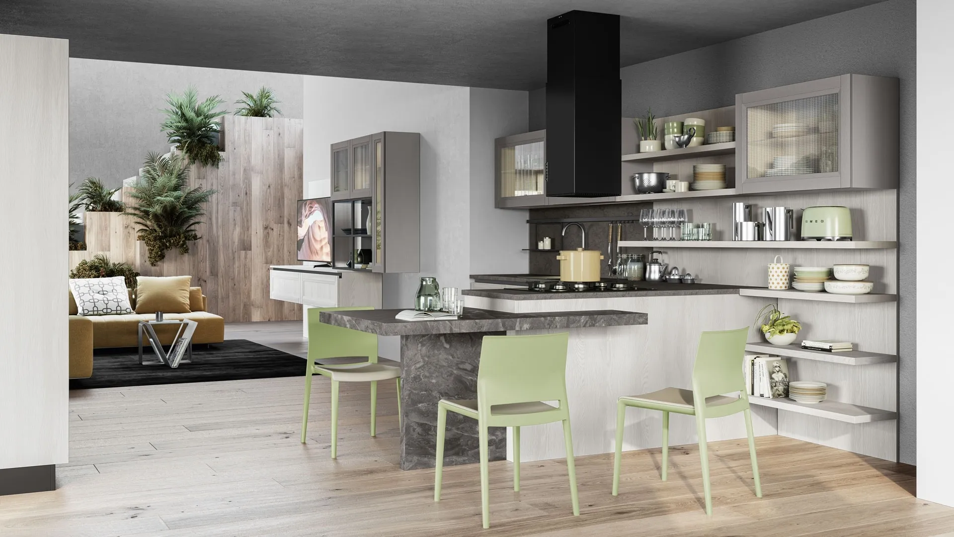 Cucina Moderna Smart finitura Frassino Bianco Alpino con penisola in laminato Marmo nuvolato di Creo