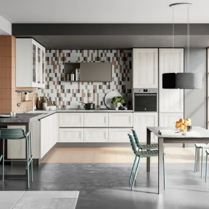 Cucina Moderna angolare con penisola Smart 09 finitura Frassino Bianco Alpino e Pet Gesso Supermatt di Creo