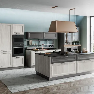Cucina Moderna Smart con isola finitura Rovere Greige e Pet Carbone Supermatt di Creo