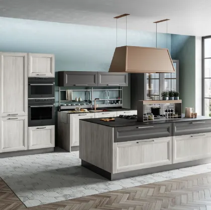 Cucina Moderna Smart con isola finitura Rovere Greige e Pet Carbone Supermatt di Creo