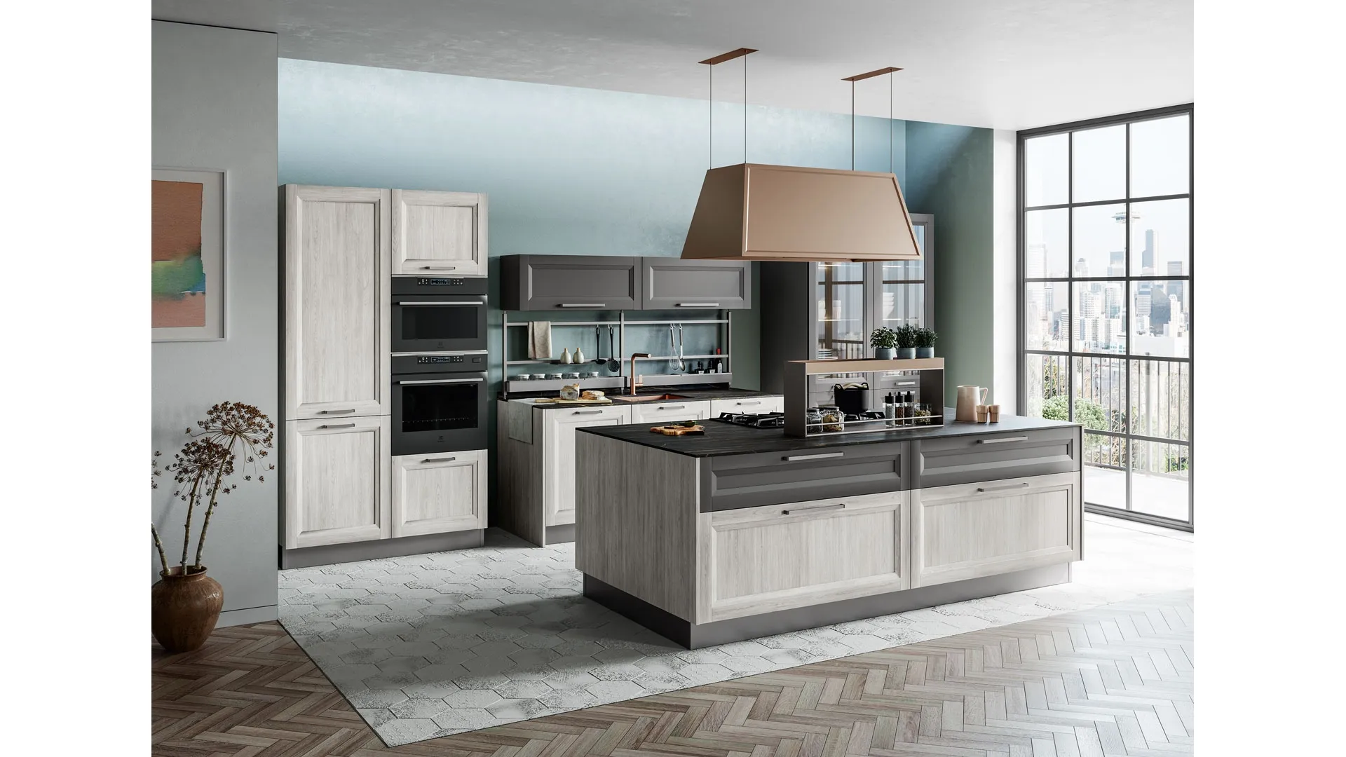 Cucina Moderna Smart con isola finitura Rovere Greige e Pet Carbone Supermatt di Creo