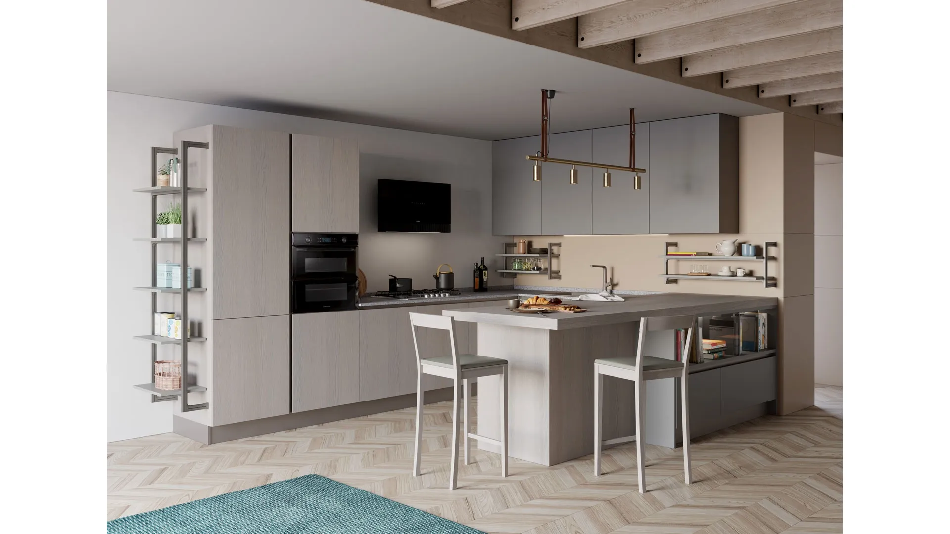 Cucina Moderna Tablet Wood con penisola in Rovere Grey e laccato opaco Ardesia di Creo