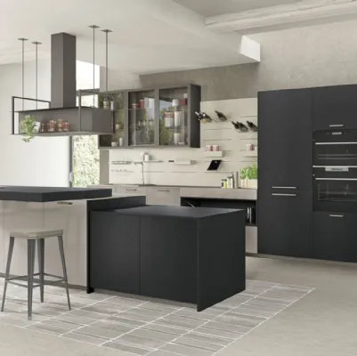 Cucina Moderna Tablet Wood con isola in Rovere Nero e laccato lucido Ardesia di Creo