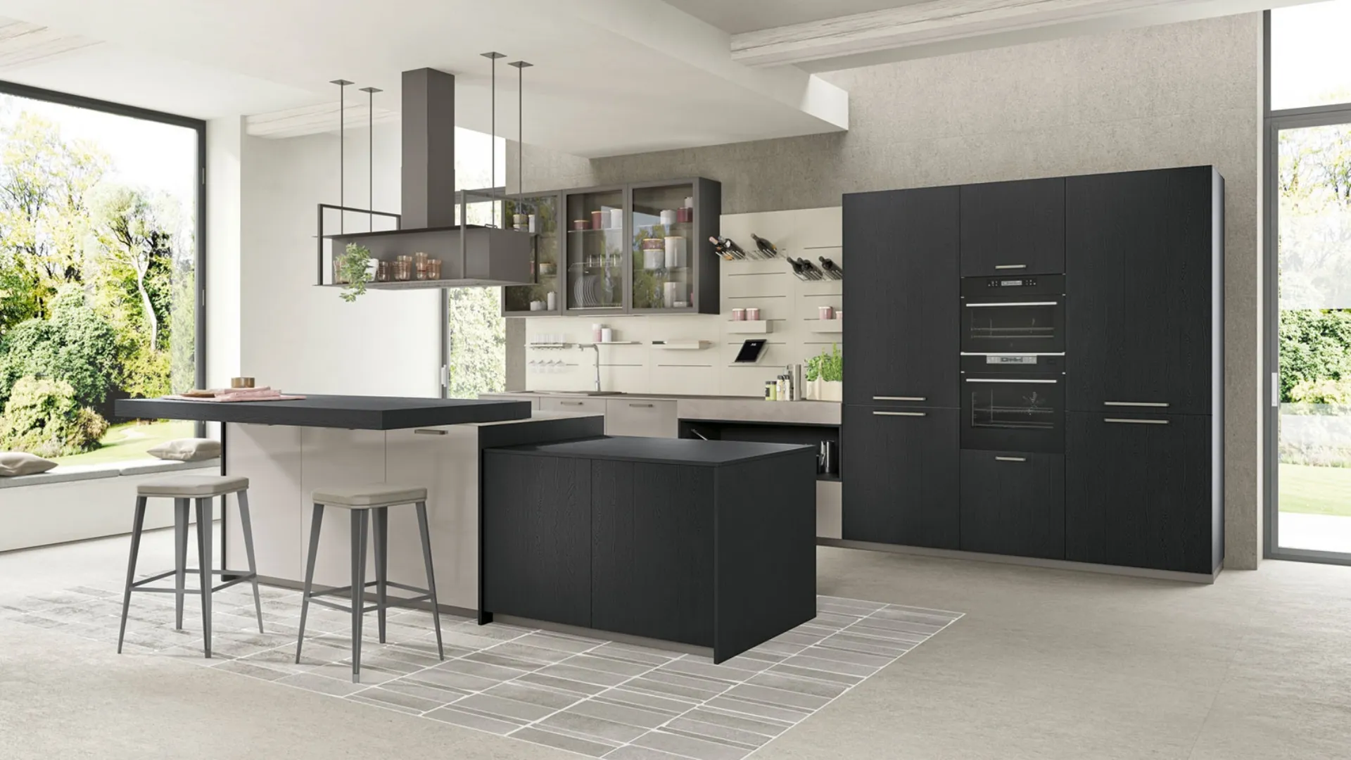 Cucina Moderna Tablet Wood con isola in Rovere Nero e laccato lucido Ardesia di Creo