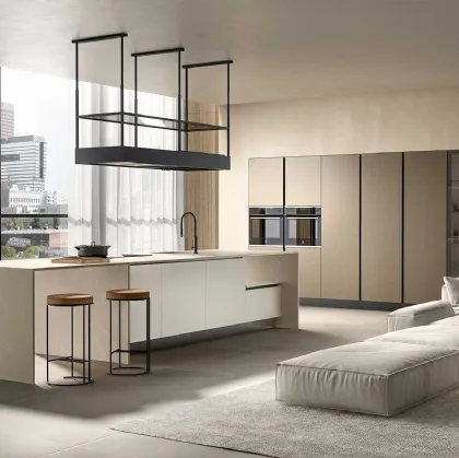 Cucina Moderna con isola Ventidue & XL 02 in melaminico Talco con top in HPL Cadice di GM Cucine