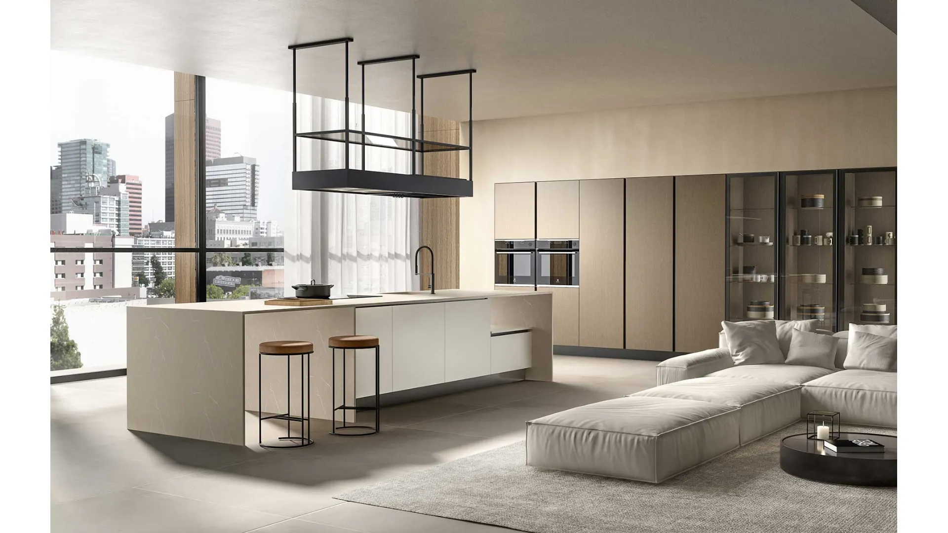 Cucina Moderna con isola Ventidue & XL 02 in melaminico Talco con top in HPL Cadice di GM Cucine