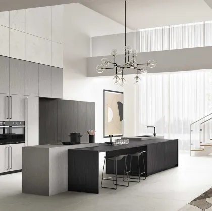 Cucina Moderna con isola Ventidue & XL 06 in materico Pietra Piasentina, Ossido Ferro e Rovere Nero di GM Cucine