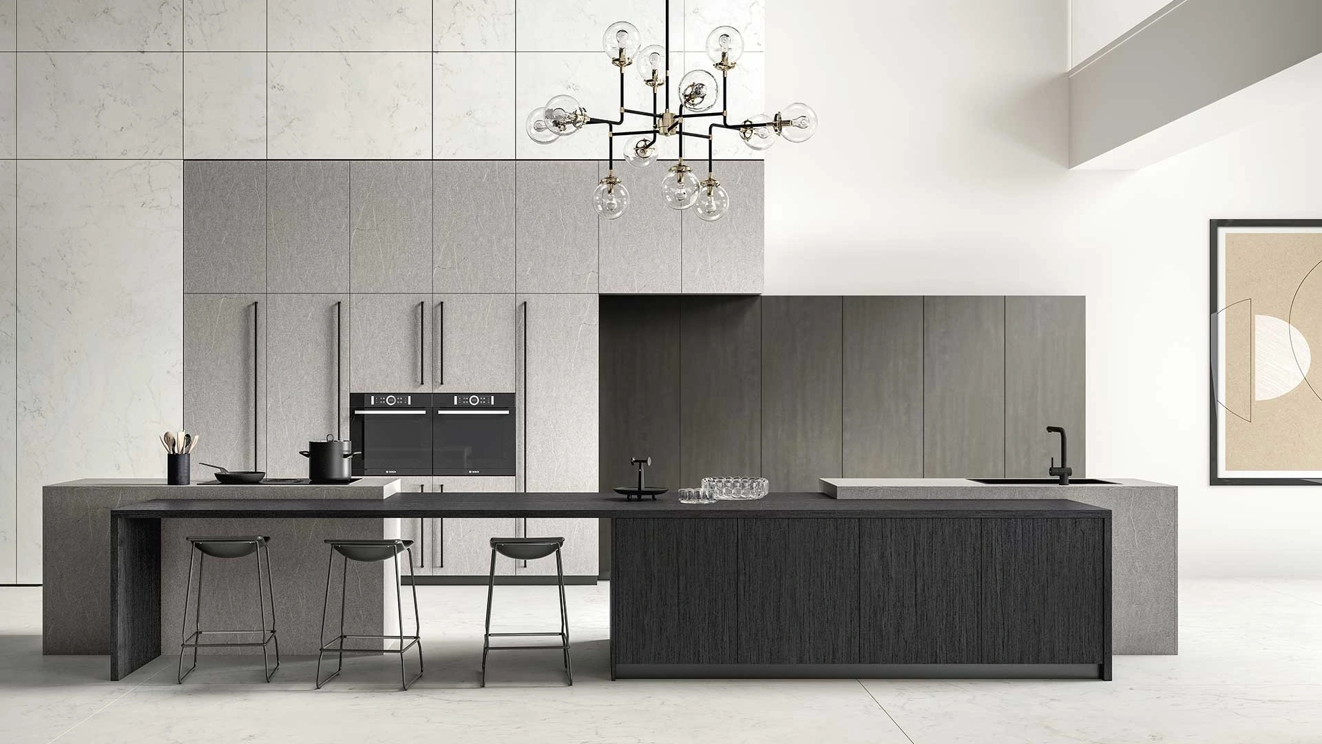 Cucina Moderna con isola Ventidue & XL 12 in materico Pietra Piasentina, Ossido Ferro e Rovere Nero di GM Cucine