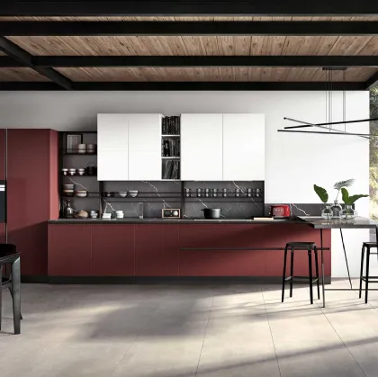 Cucina Moderna con penisola Ventidue & XL 10 in Fenix Rosso Jaipur e laccato Bianco opaco di GM Cucine