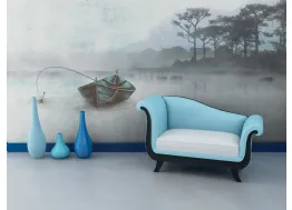 Carta da parati con paesaggio lacustre sui toni dell'azzurro Mistery Lake di Instabilelab
